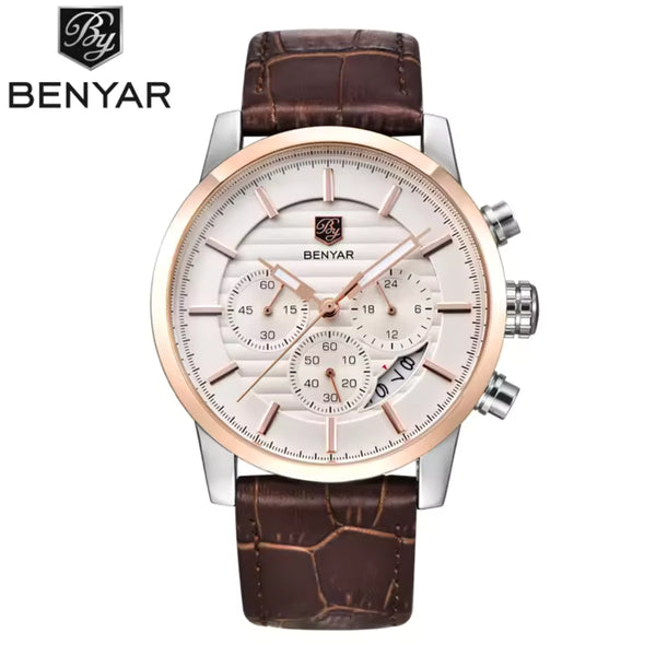 BENYAR 5104 Men’s Business Three Chronograph Sub Dial Watch Gold and White Leather Strap