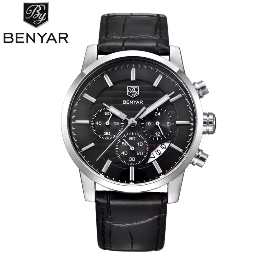 BENYAR 5104 Men’s Business Three Chronograph Sub Dial Watch Black and Silver Leather Strap