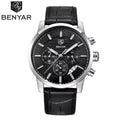 BENYAR 5104 Men’s Business Three Chronograph Sub Dial Watch Black and Silver Leather Strap