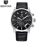 BENYAR 5104 Men’s Business Three Chronograph Sub Dial Watch Black and Silver Leather Strap