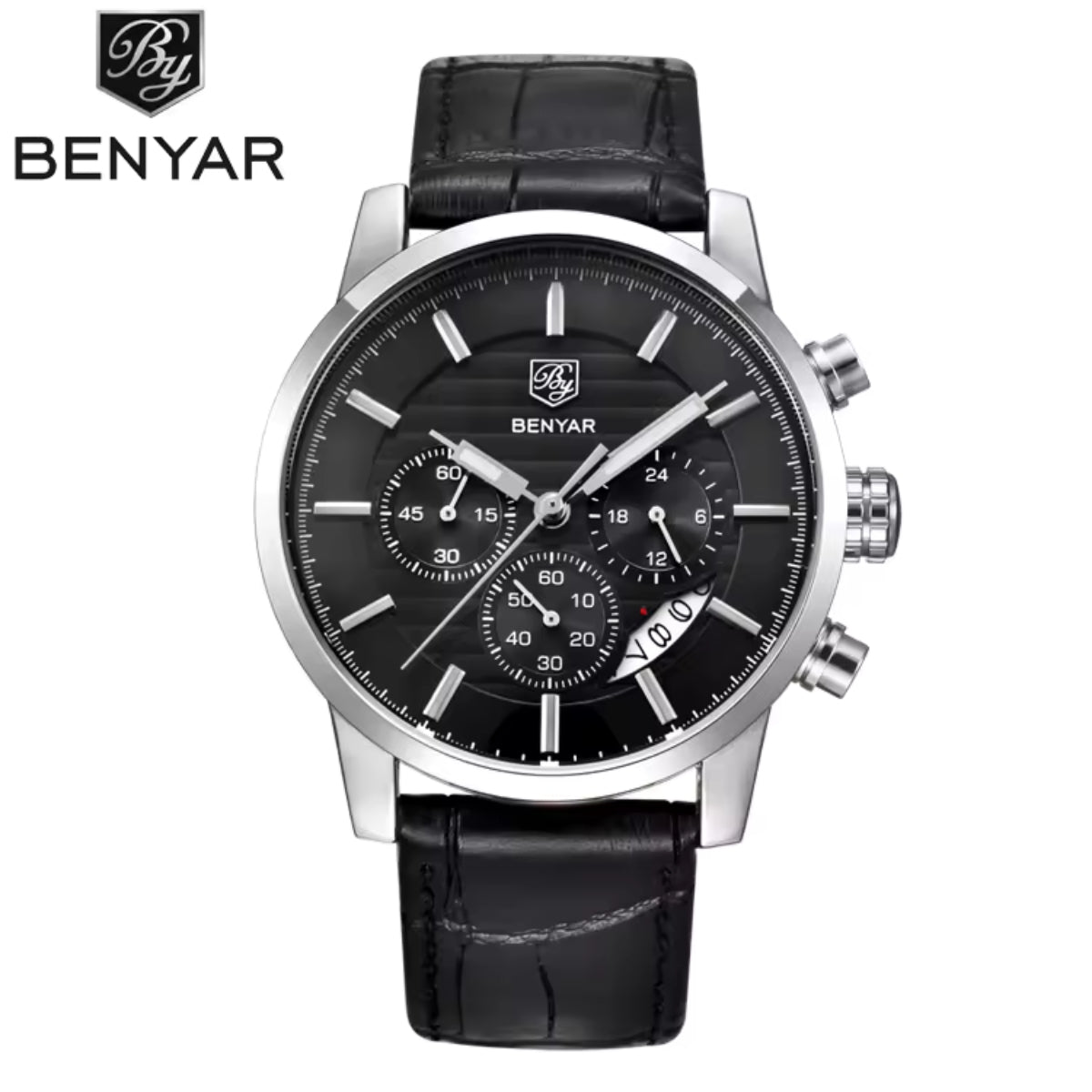 BENYAR 5104 Men’s Business Three Chronograph Sub Dial Watch Black and Silver Leather Strap
