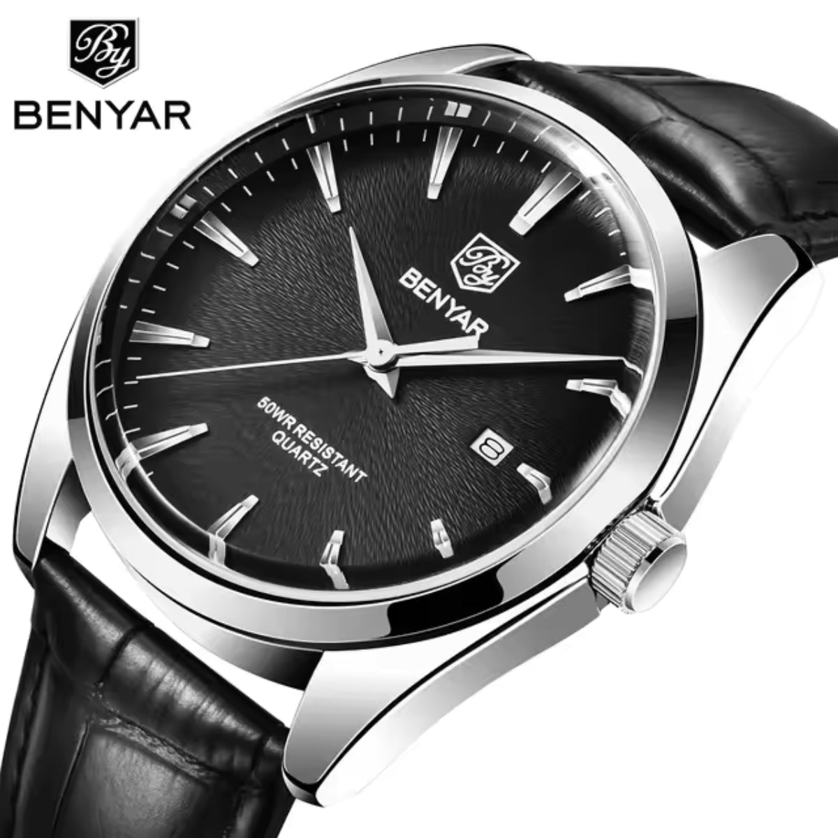 Benyar 5163 Men’s Minimalist Watch – Black Leather Strap & Black Dial