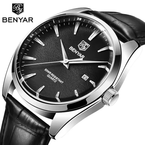 Benyar 5163 Men’s Minimalist Watch – Black Leather Strap & Black Dial