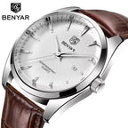Benyar 5163 Men’s Minimalist Watch – Brown Leather Strap & White Dial