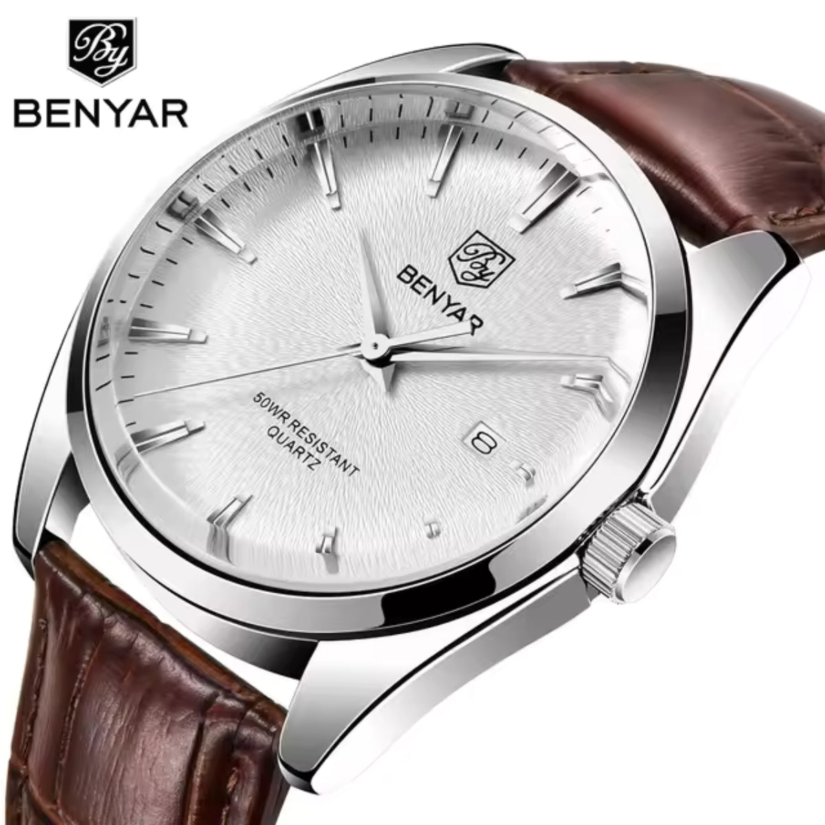 Benyar 5163 Men’s Minimalist Watch – Brown Leather Strap & White Dial