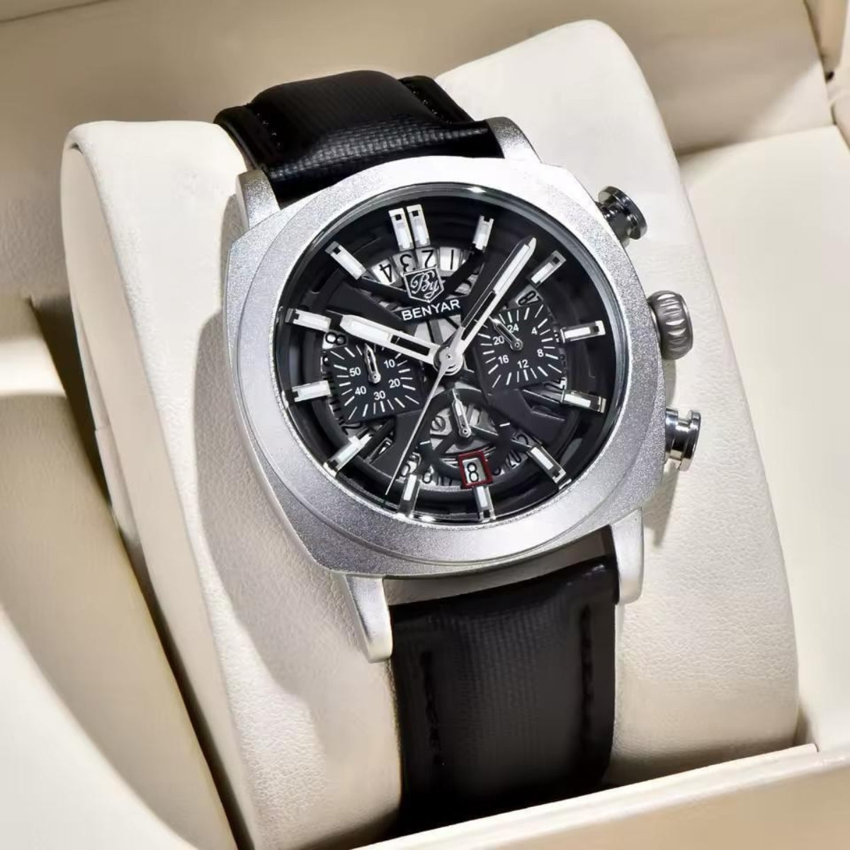 BENYAR 5205 Men's Watch – Sport Chronograph with Luminous Hands Black and Silver Dial
