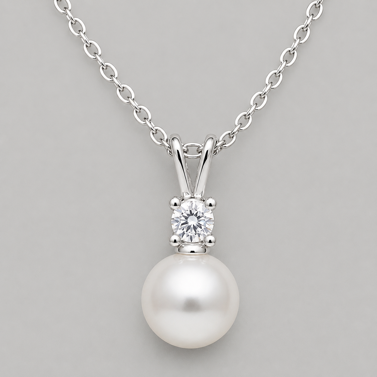 Modern Rhodium Pearl Drop Necklace