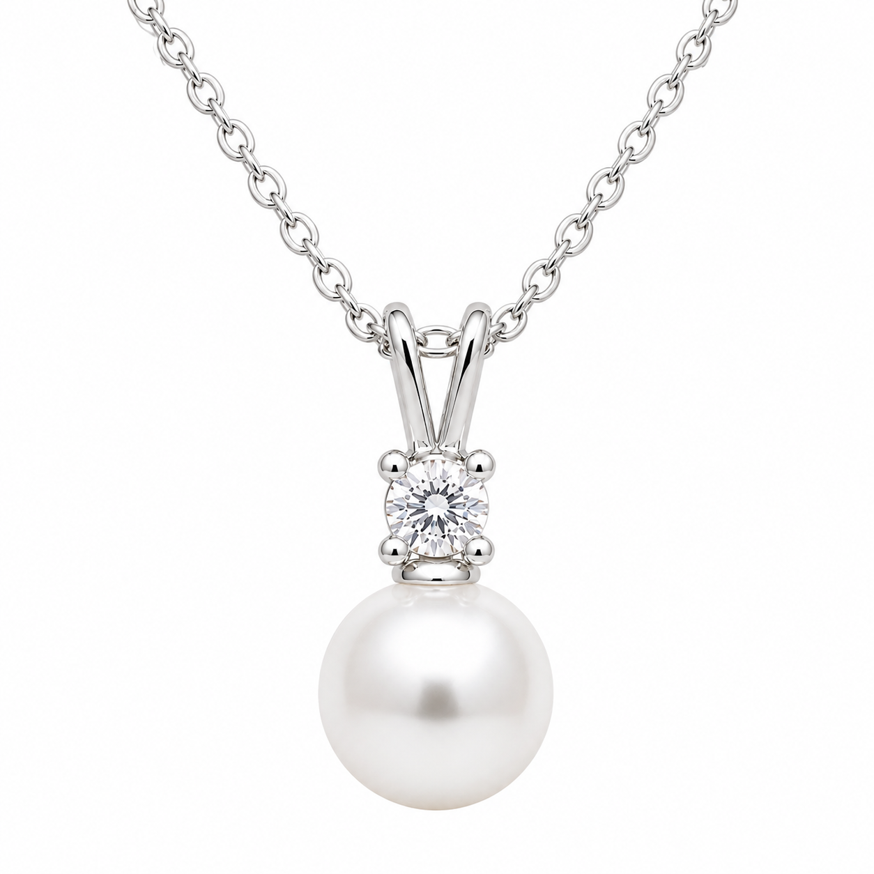 Modern Rhodium Pearl Drop Necklace