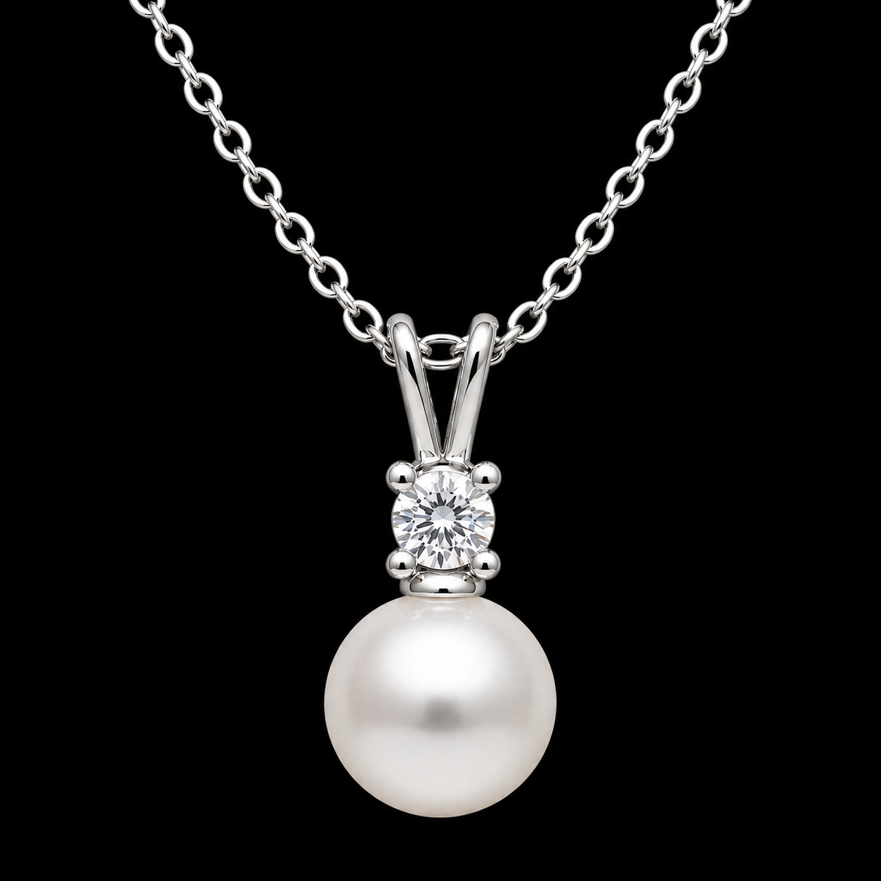 Modern Rhodium Pearl Drop Necklace