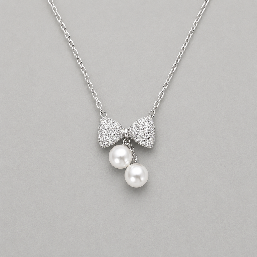 Ethereal Pavé Bow & Twin Pearl Pendant