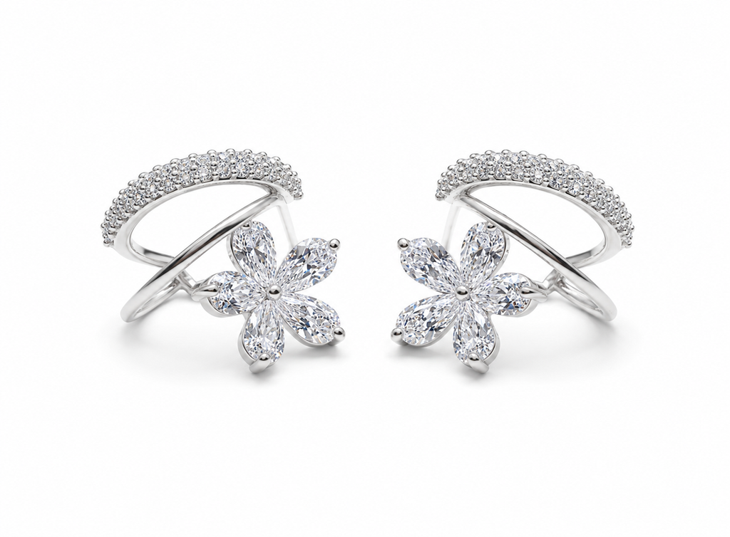 Silver Dual-Band Earrings with Floral Charm