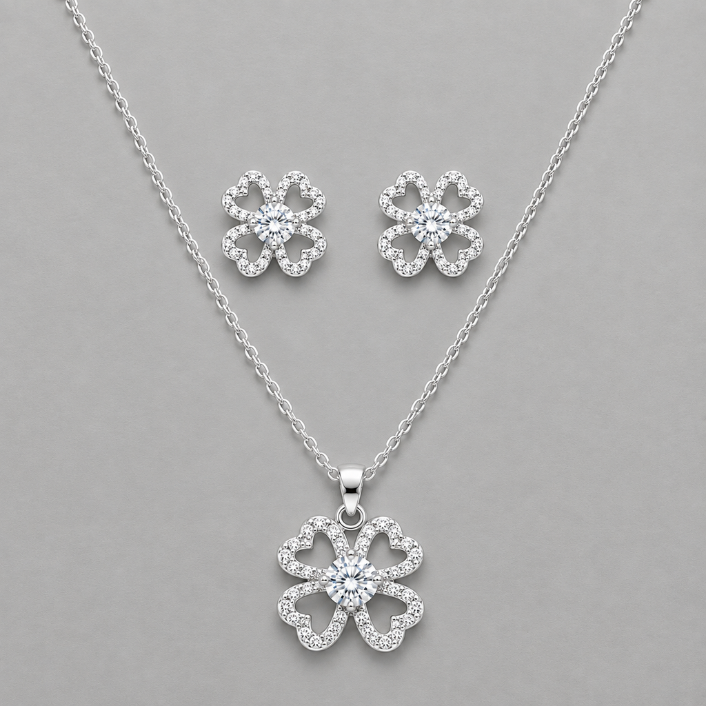 Silver Four-Leaf Clover Jewelry Set