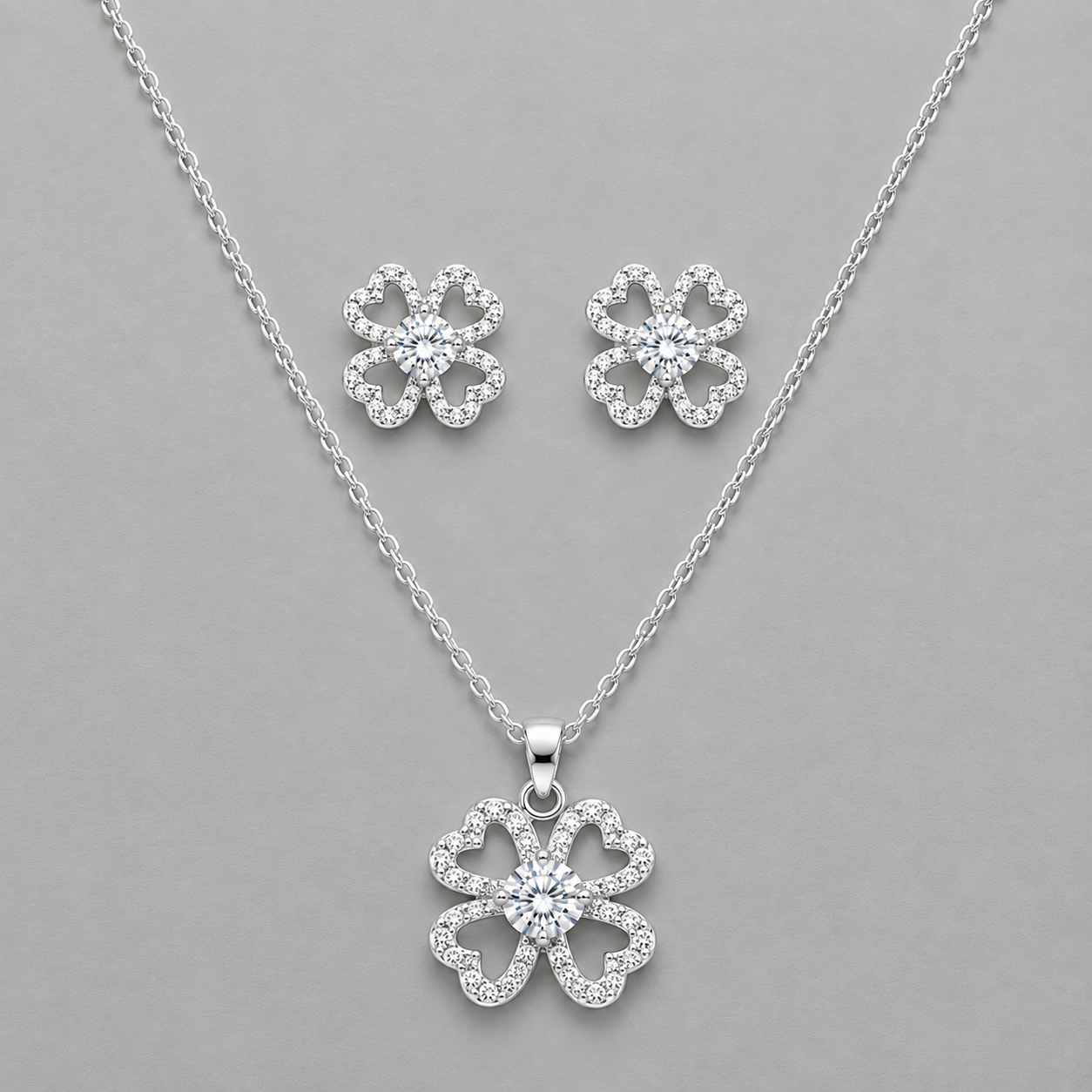 Silver Four-Leaf Clover Jewelry Set