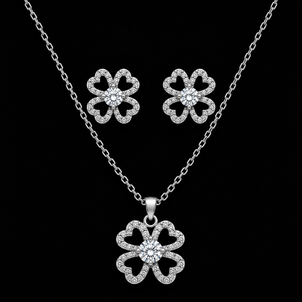 Silver Four-Leaf Clover Jewelry Set