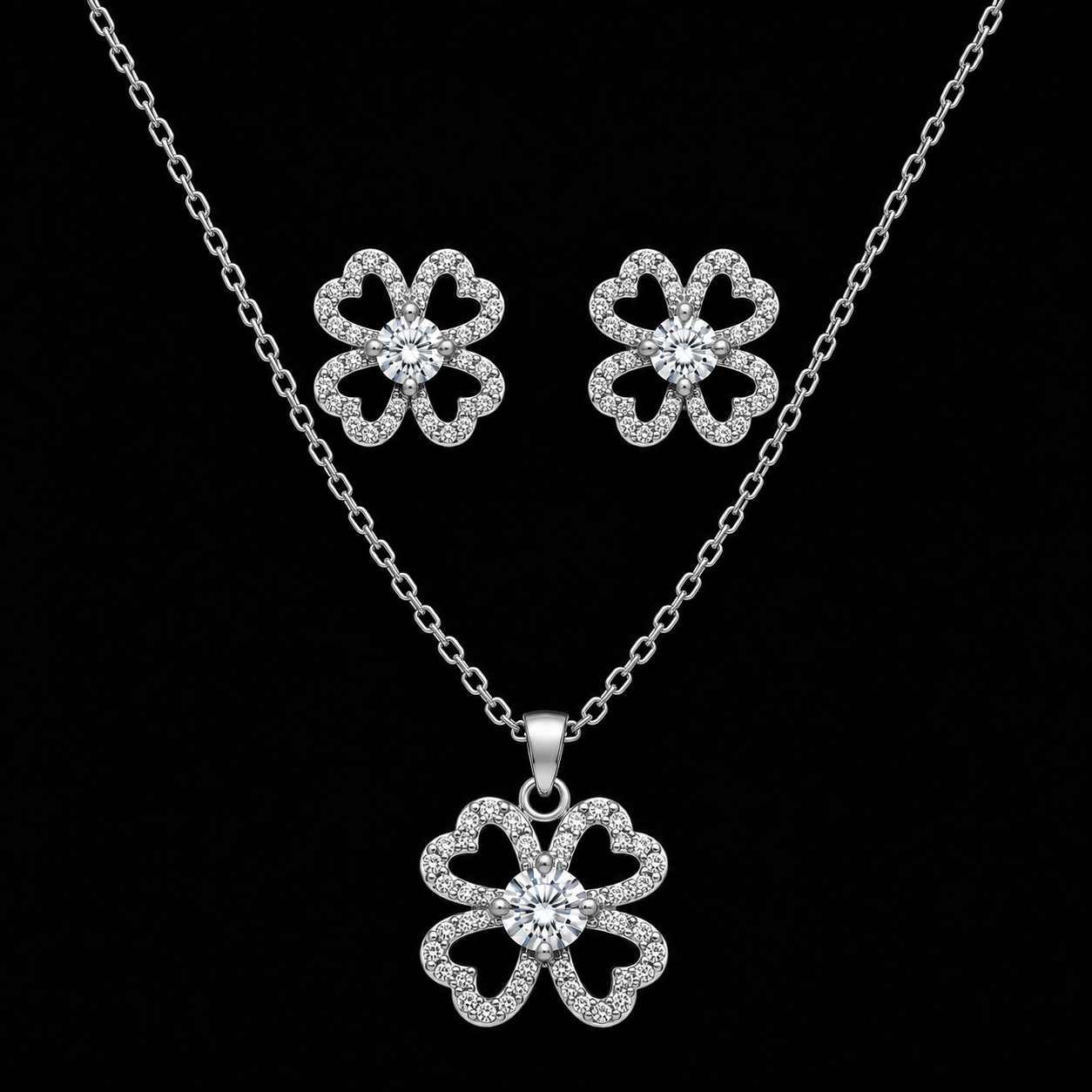 Silver Four-Leaf Clover Jewelry Set