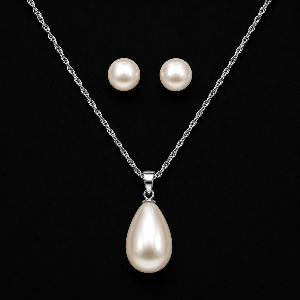 Teardrop Pearl Necklace & Stud Earring Set