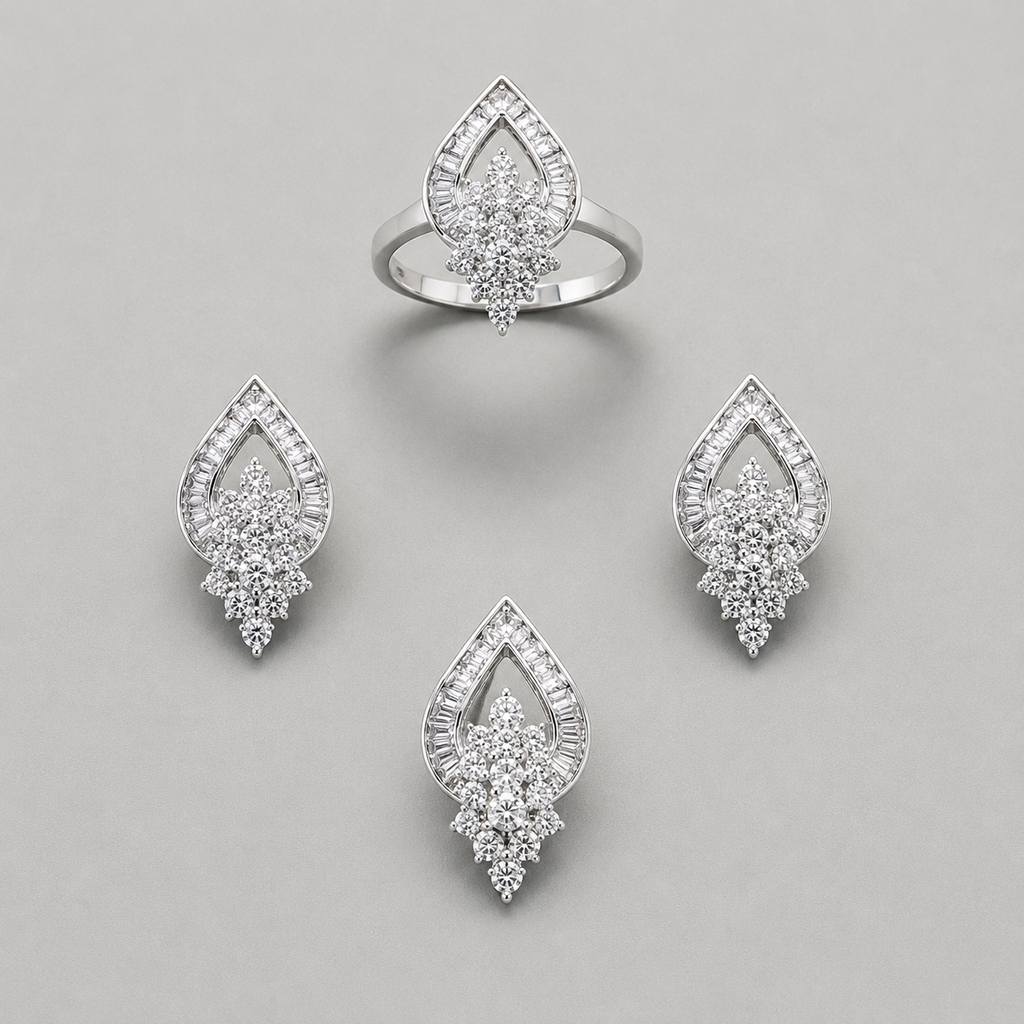 Exquisite 925 Sterling Silver Teardrop Jewelry Set with Intricate Floral Crystal Clusters