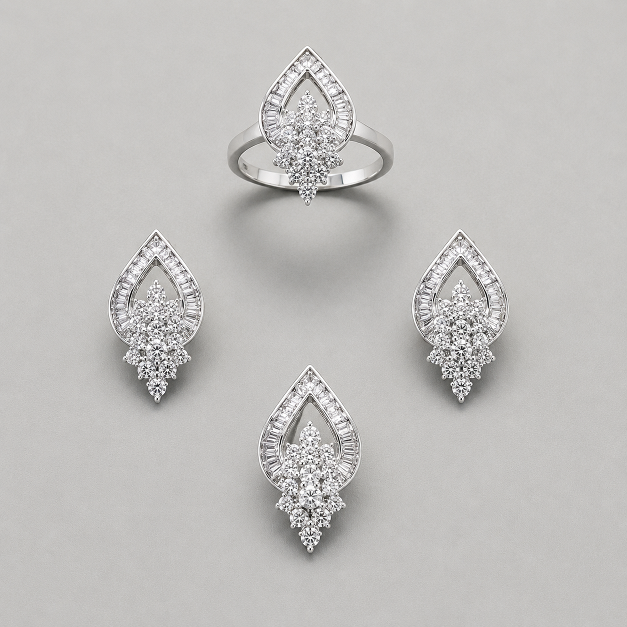 Exquisite 925 Sterling Silver Teardrop Jewelry Set with Intricate Floral Crystal Clusters