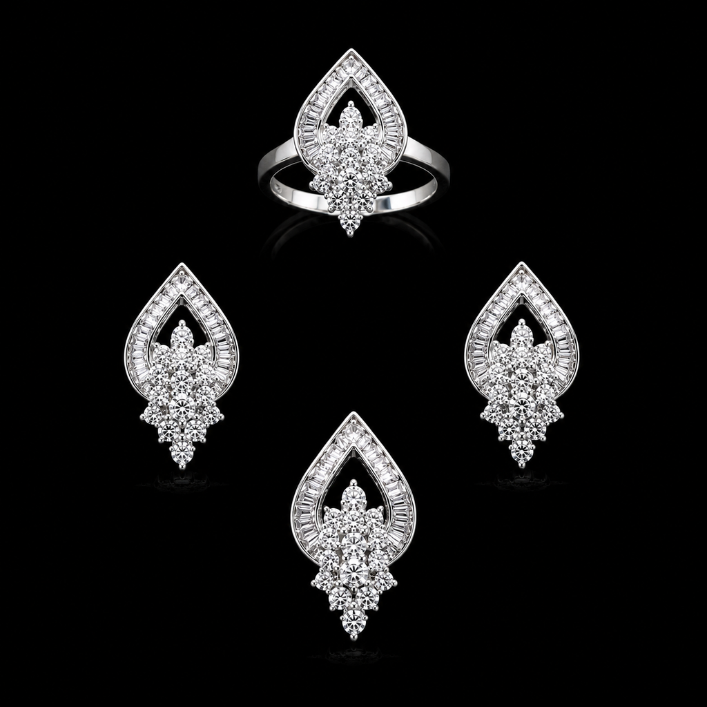 Exquisite 925 Sterling Silver Teardrop Jewelry Set with Intricate Floral Crystal Clusters
