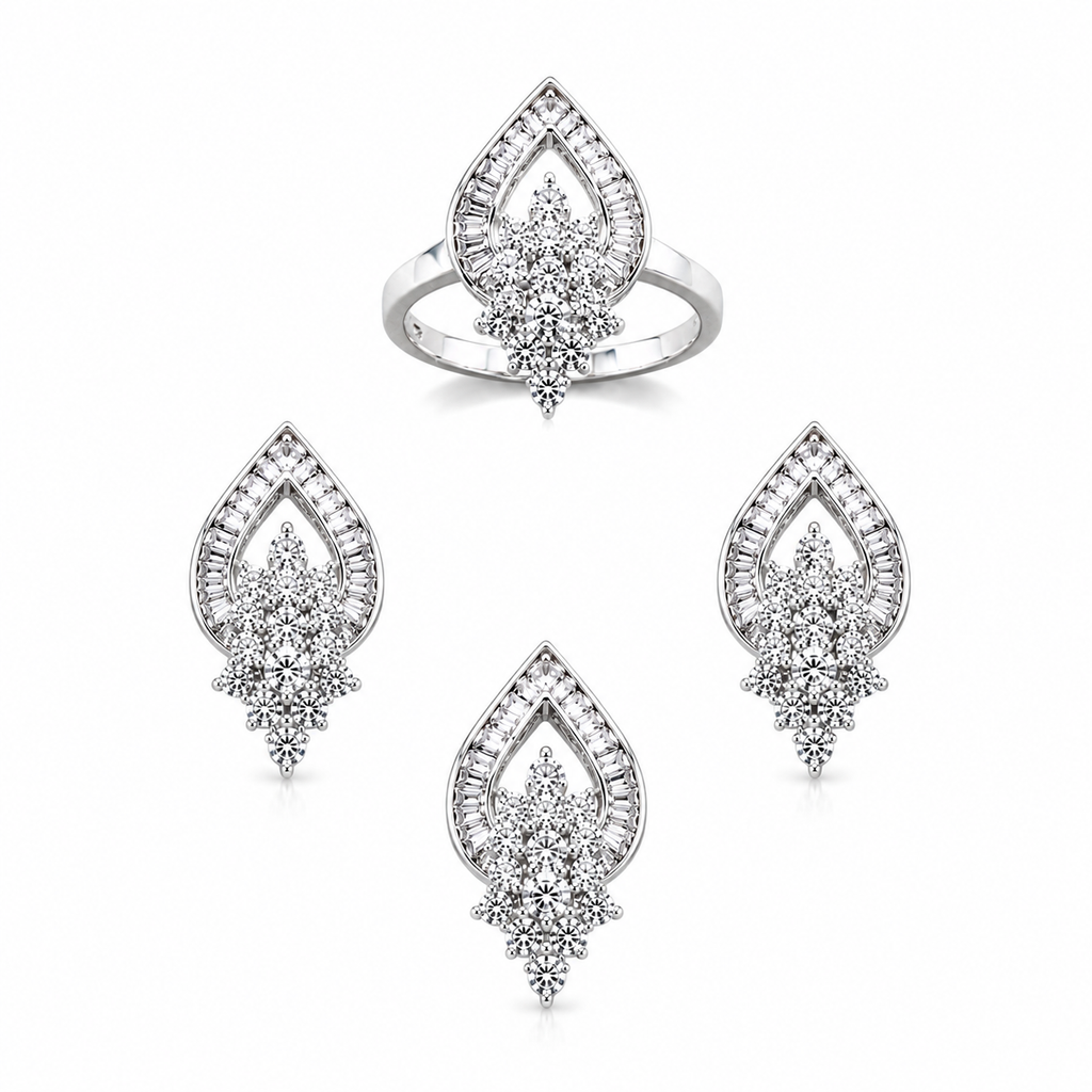 Exquisite 925 Sterling Silver Teardrop Jewelry Set with Intricate Floral Crystal Clusters