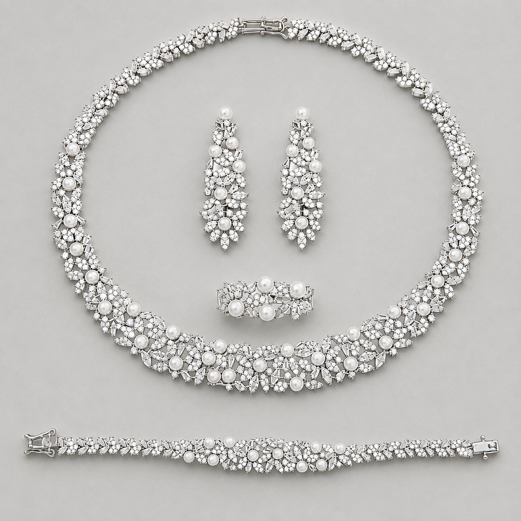 Floral Bridal Set with Crystals and Pearl