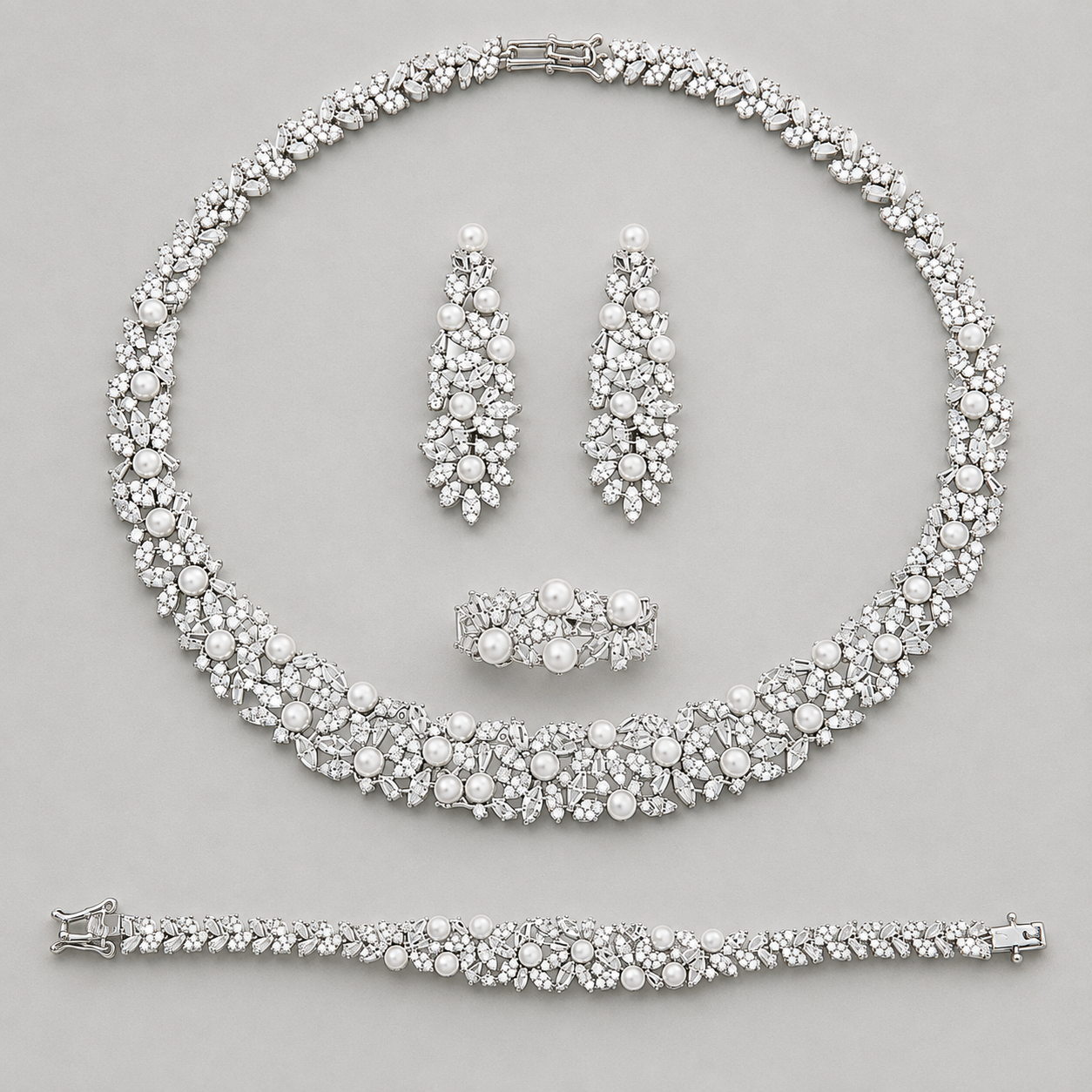 Floral Bridal Set with Crystals and Pearl