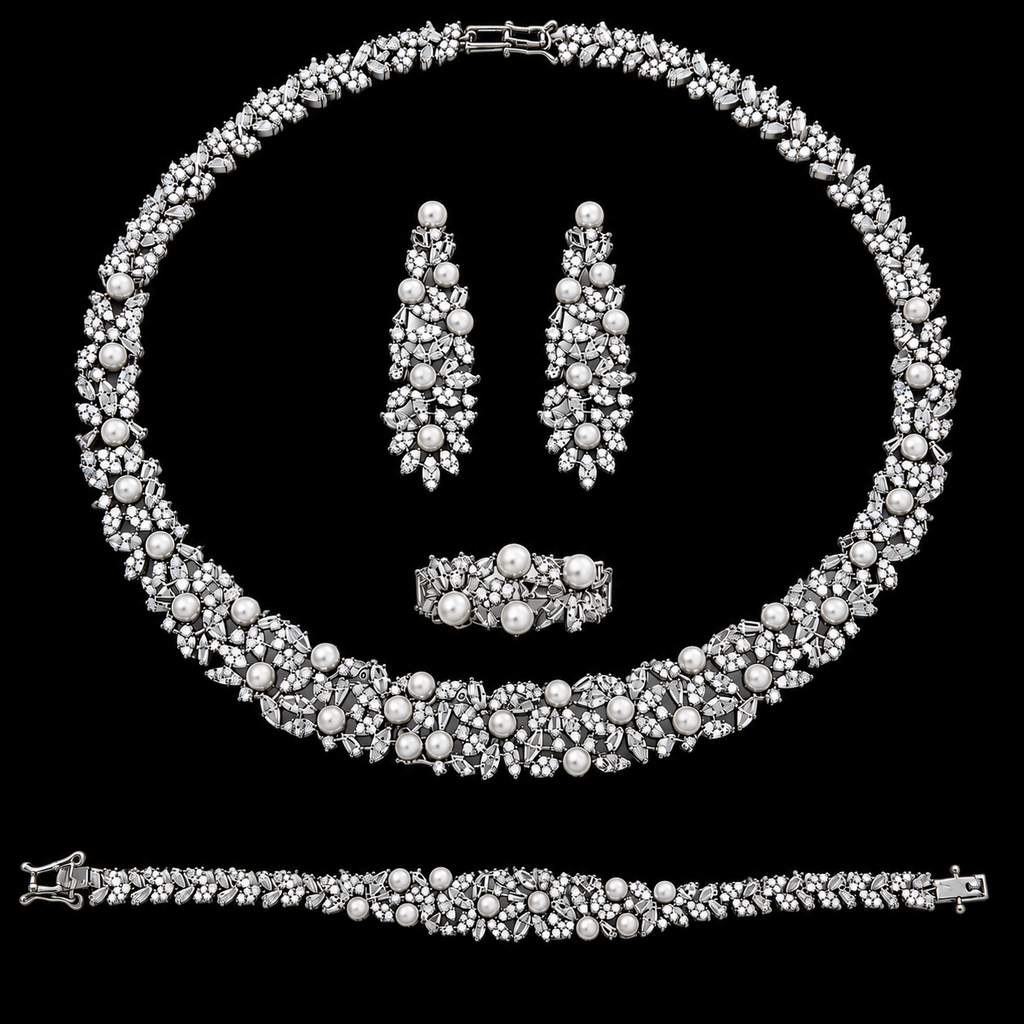 Floral Bridal Set with Crystals and Pearl