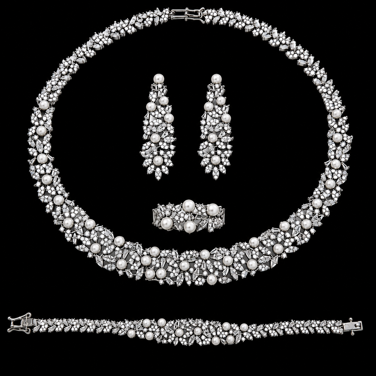 Floral Bridal Set with Crystals and Pearl