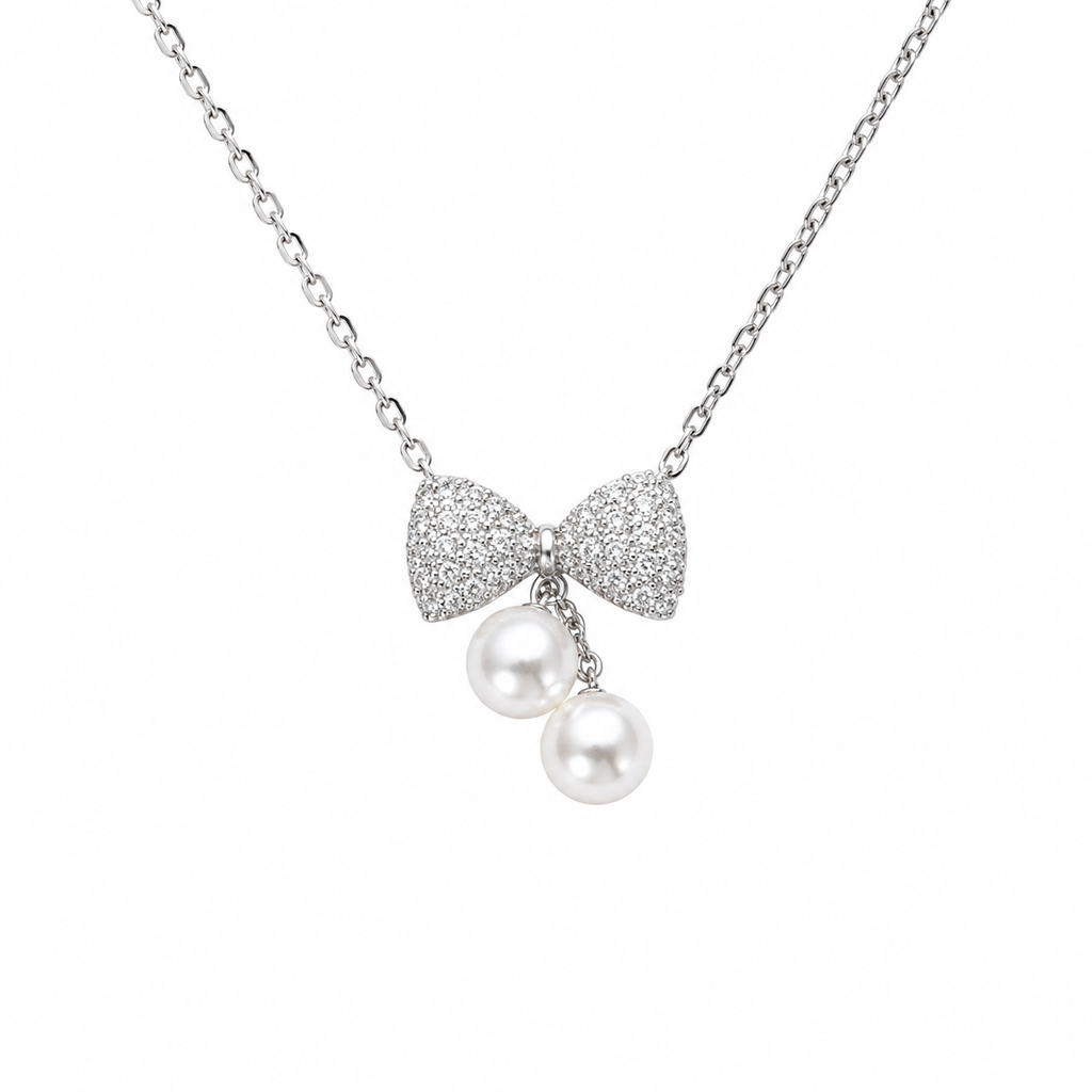 Ethereal Pavé Bow & Twin Pearl Pendant