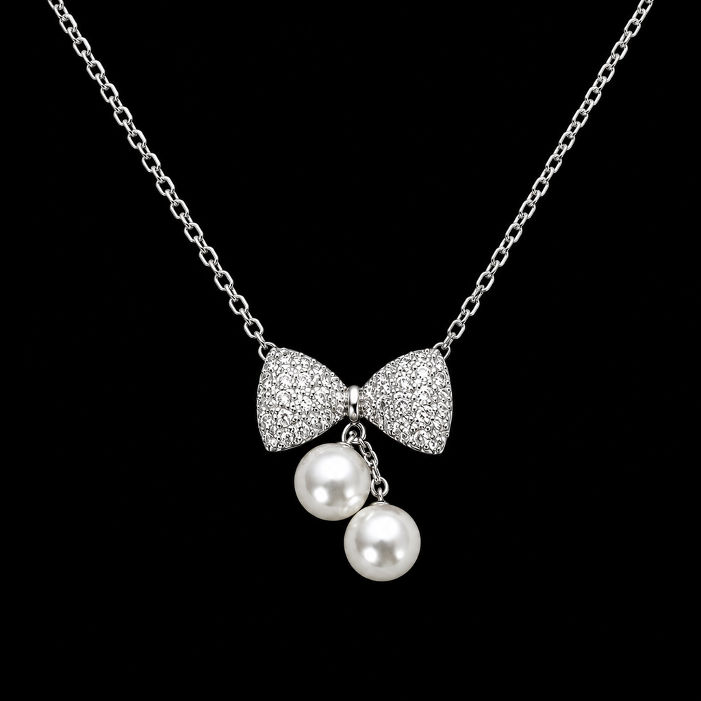 Ethereal Pavé Bow & Twin Pearl Pendant