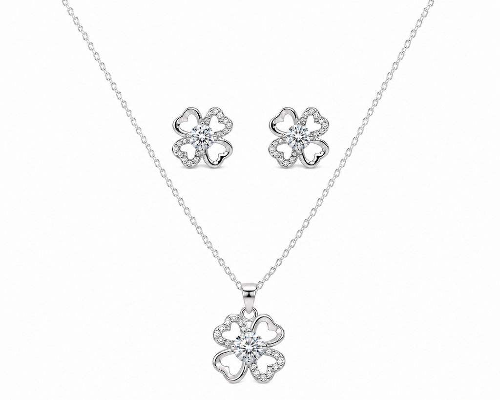 Silver Four-Leaf Clover Jewelry Set