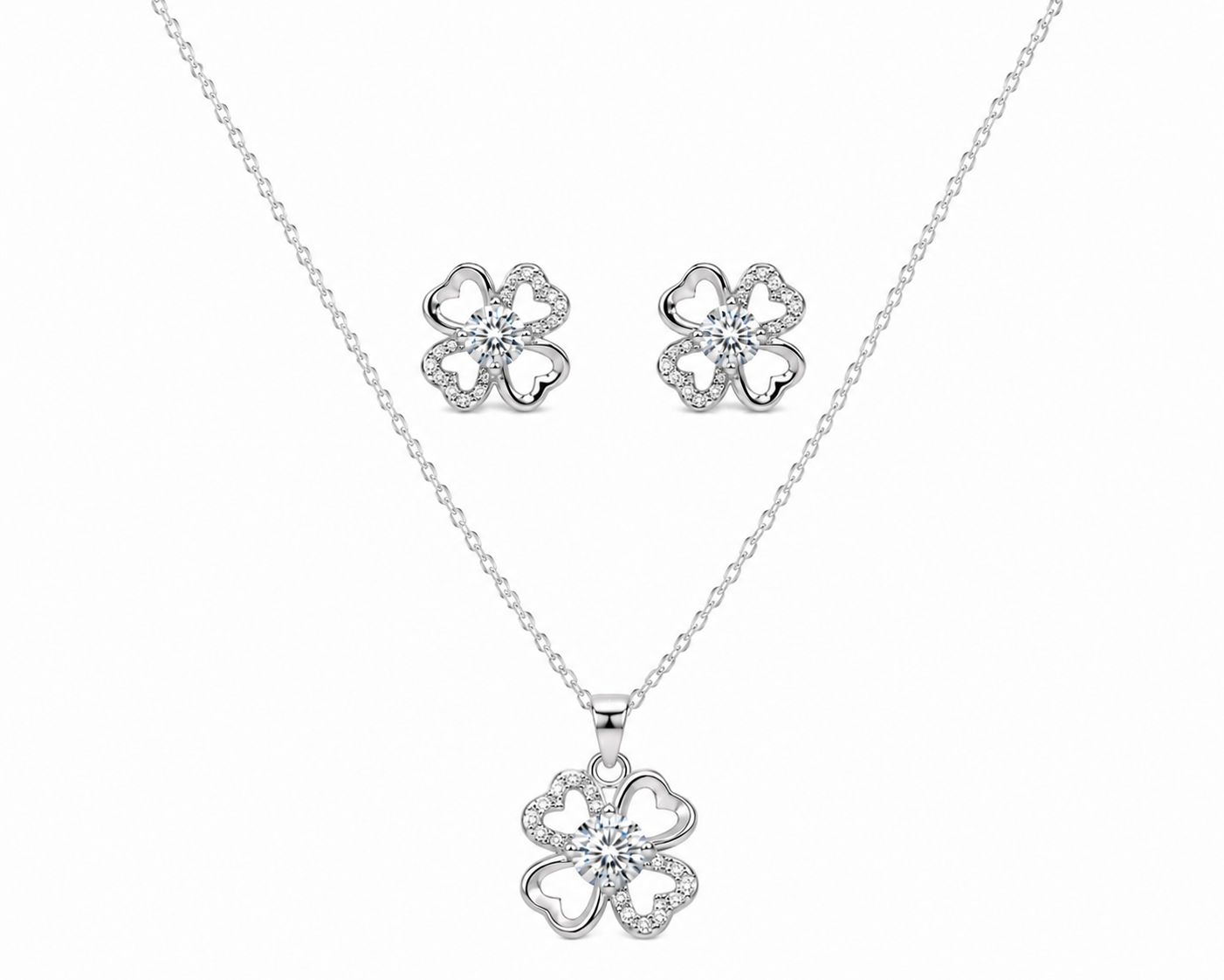 Silver Four-Leaf Clover Jewelry Set