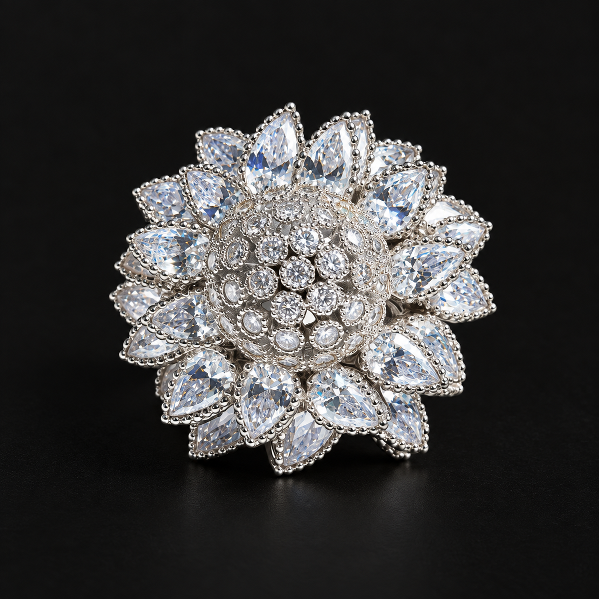 Shimmering Pear-Cut Sunflower Ring - Silver