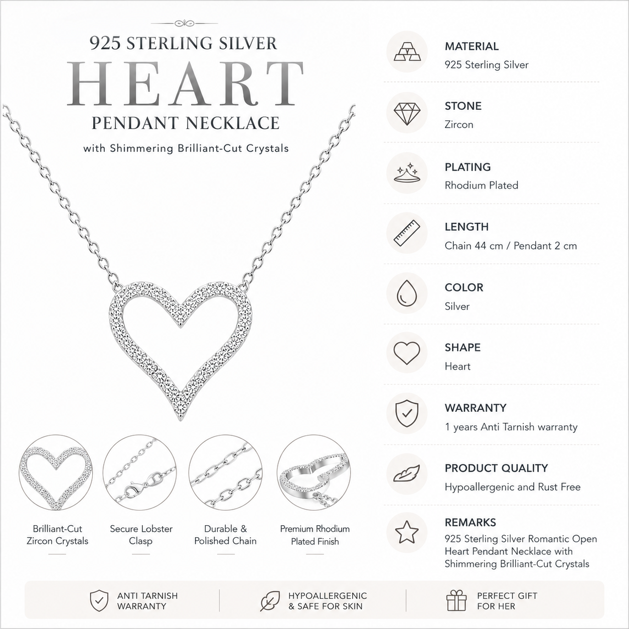 Sterling Silver Open Heart Necklace