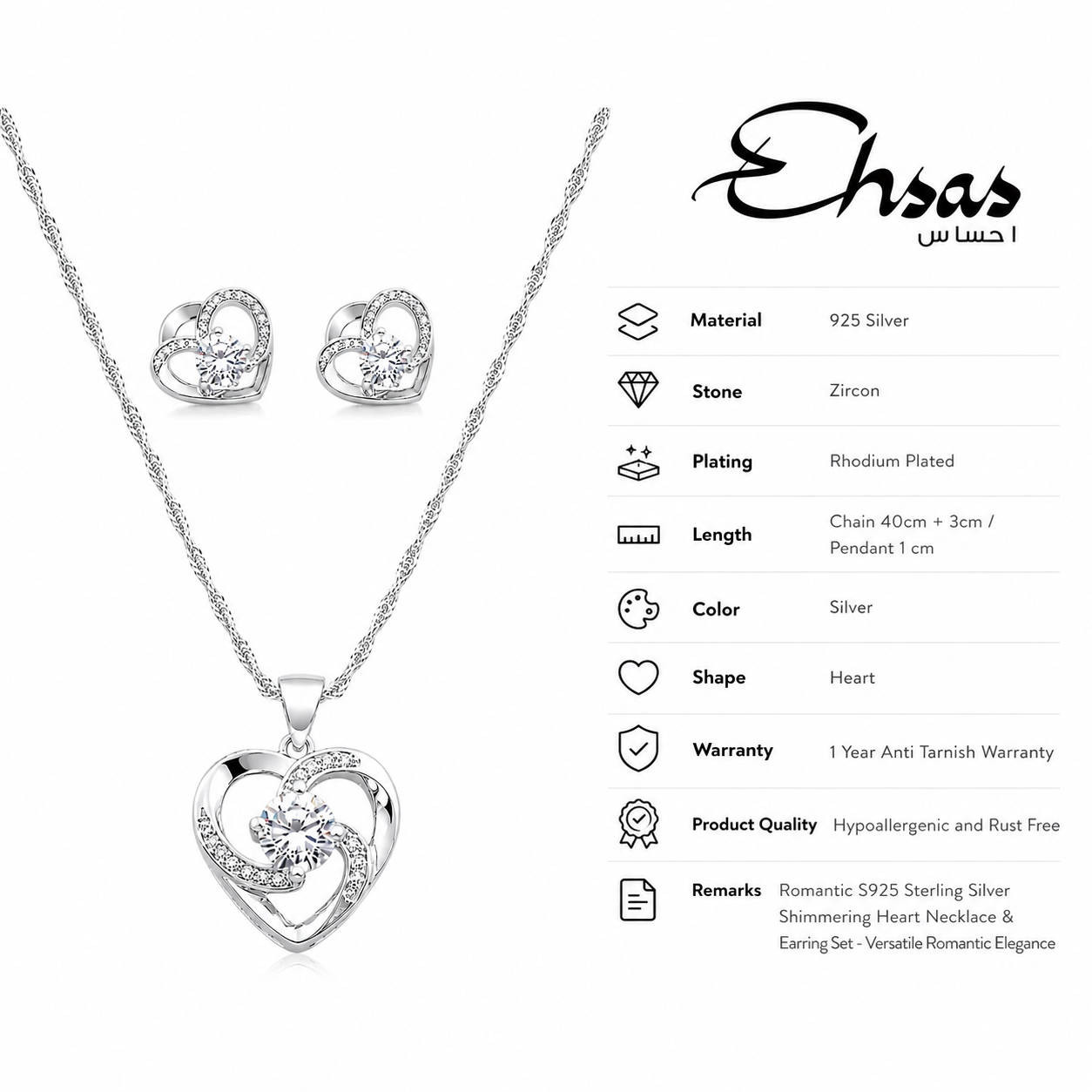 Shimmering Heart Necklace & Earring Set
