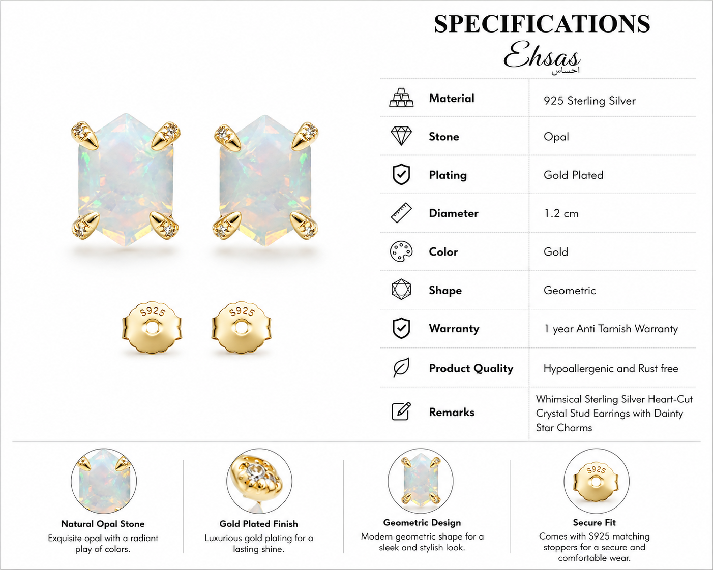 Hexagonal Iridescent Opal Studs