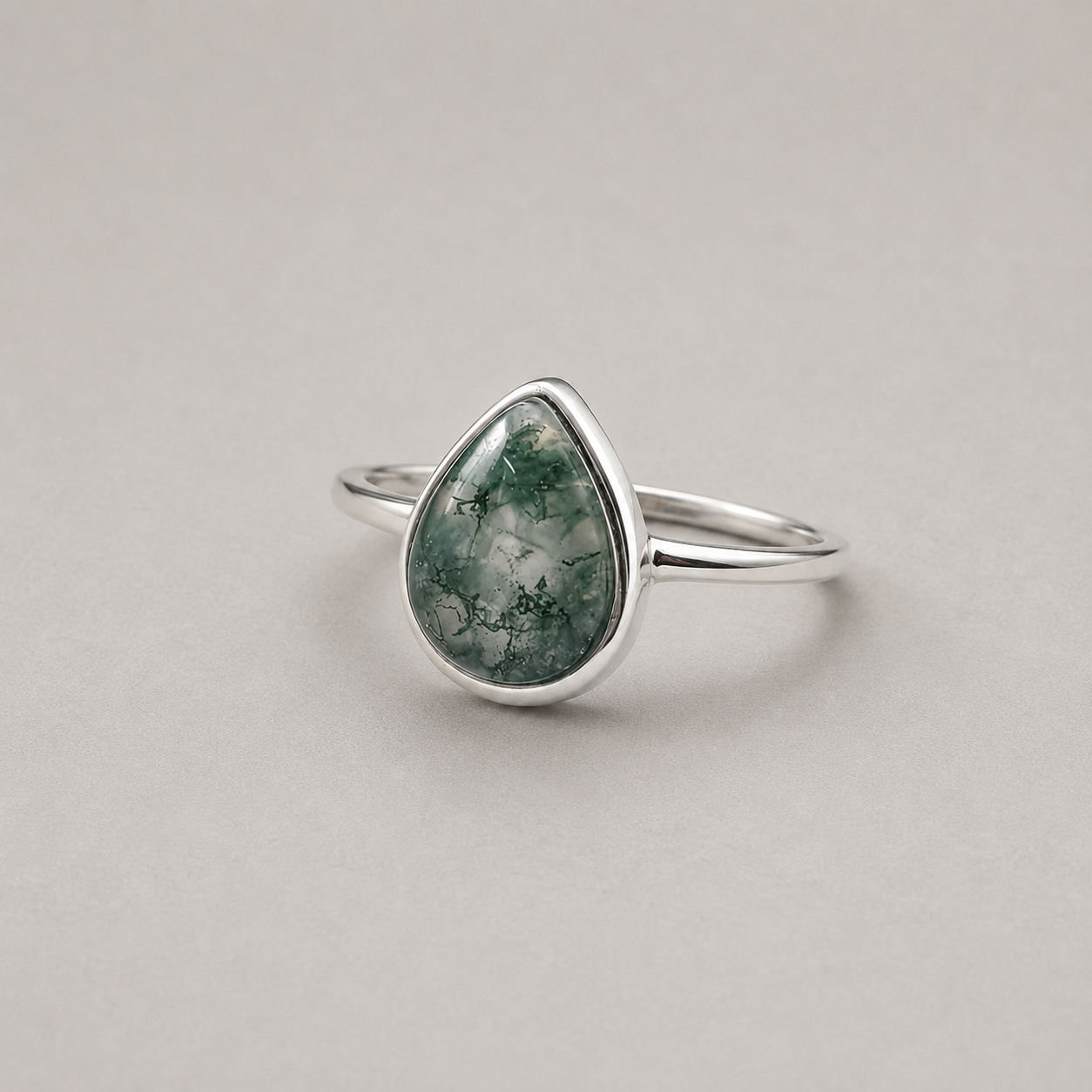 Pear-Shaped Moss Agate Ring