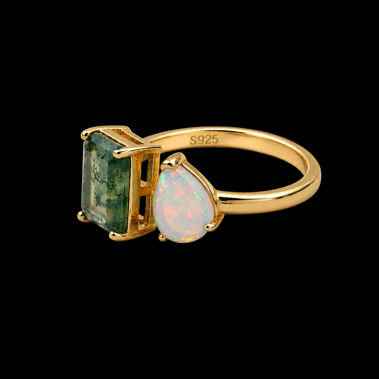 Moss Agate and Opal Ring