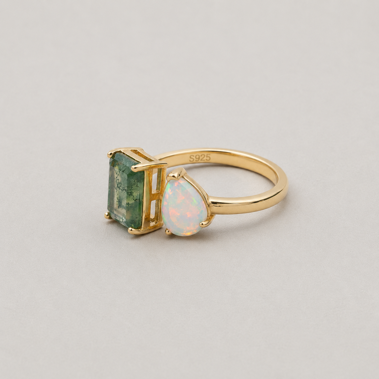 Moss Agate and Opal Ring