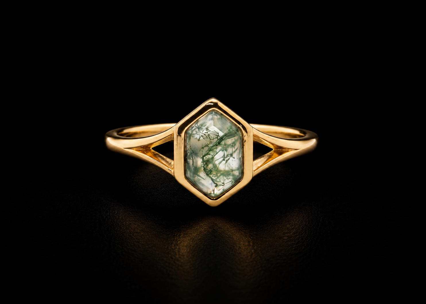 Hexagon Moss Agate Gold Ring