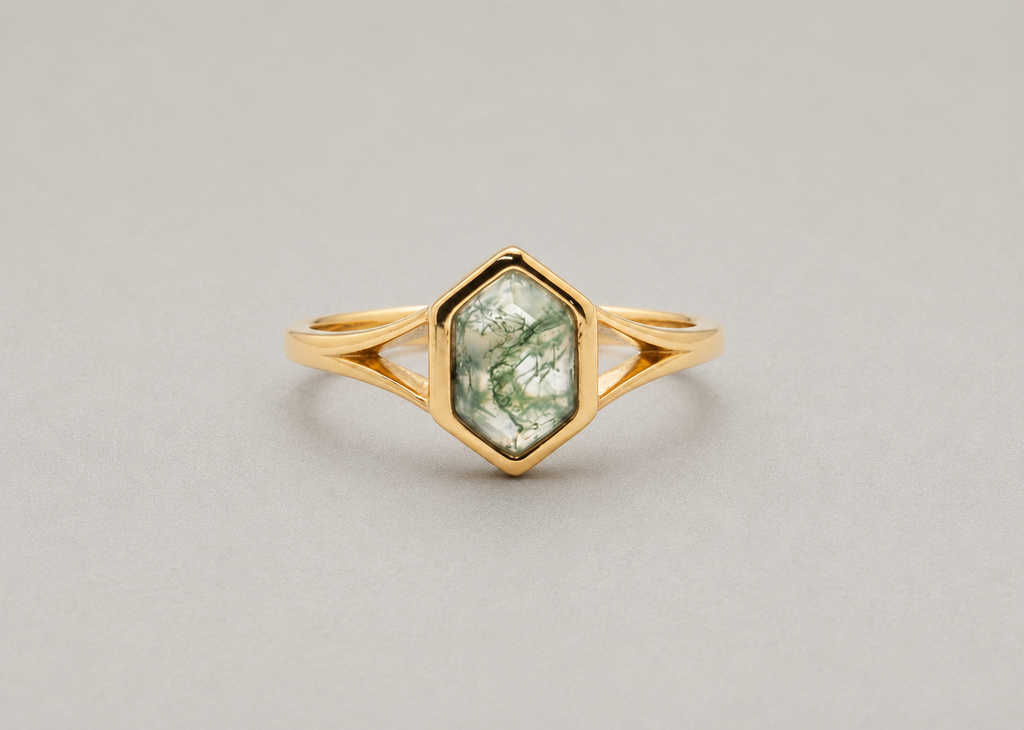 Hexagon Moss Agate Gold Ring