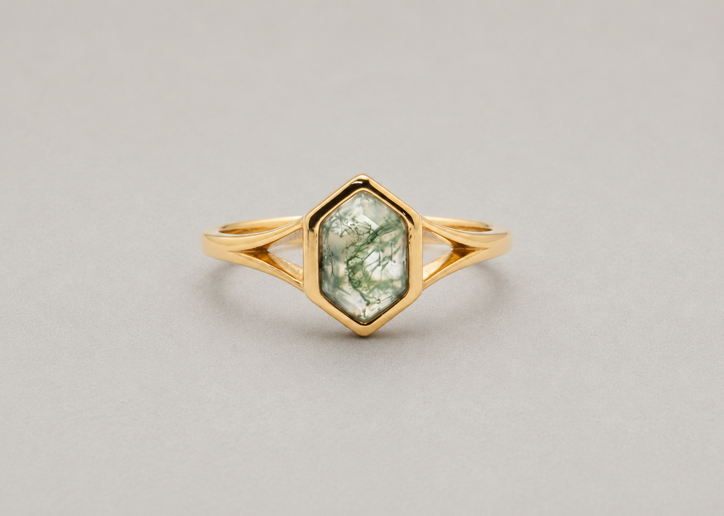 Hexagon Moss Agate Gold Ring