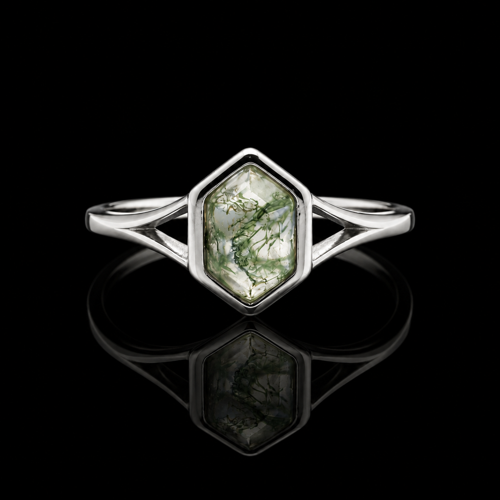 Hexagon Moss Agate Silver Ring