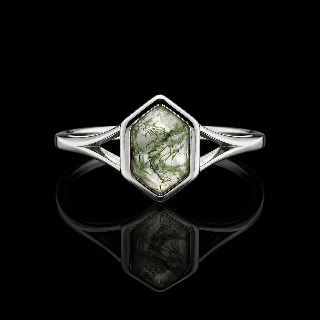 Hexagon Moss Agate Silver Ring