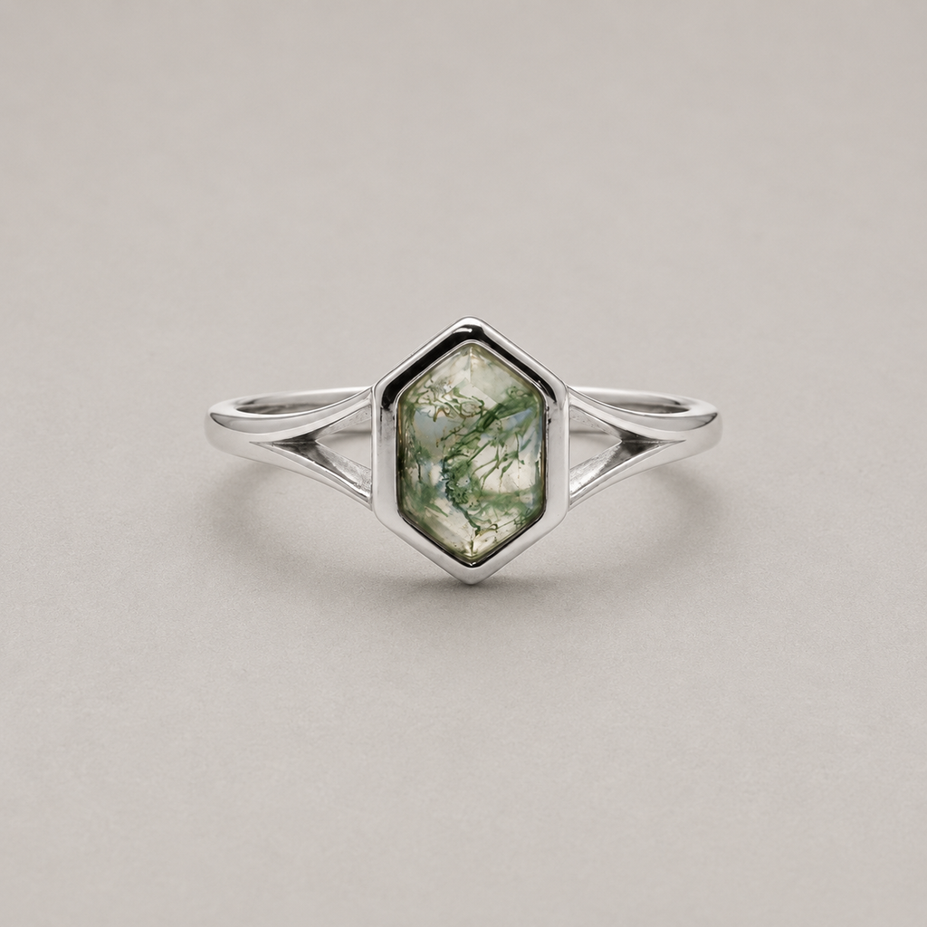 Hexagon Moss Agate Silver Ring