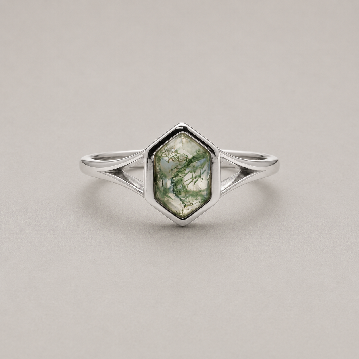 Hexagon Moss Agate Silver Ring