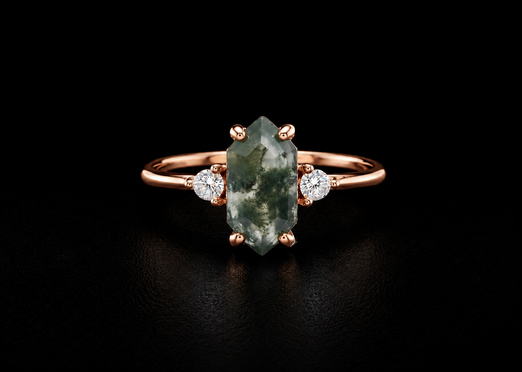 Hexagonal Moss Agate Rose Gold Ring