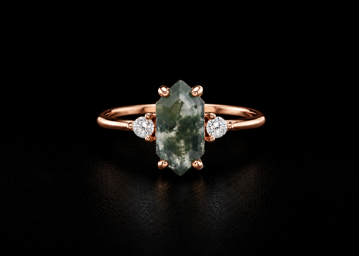 Hexagonal Moss Agate Rose Gold Ring