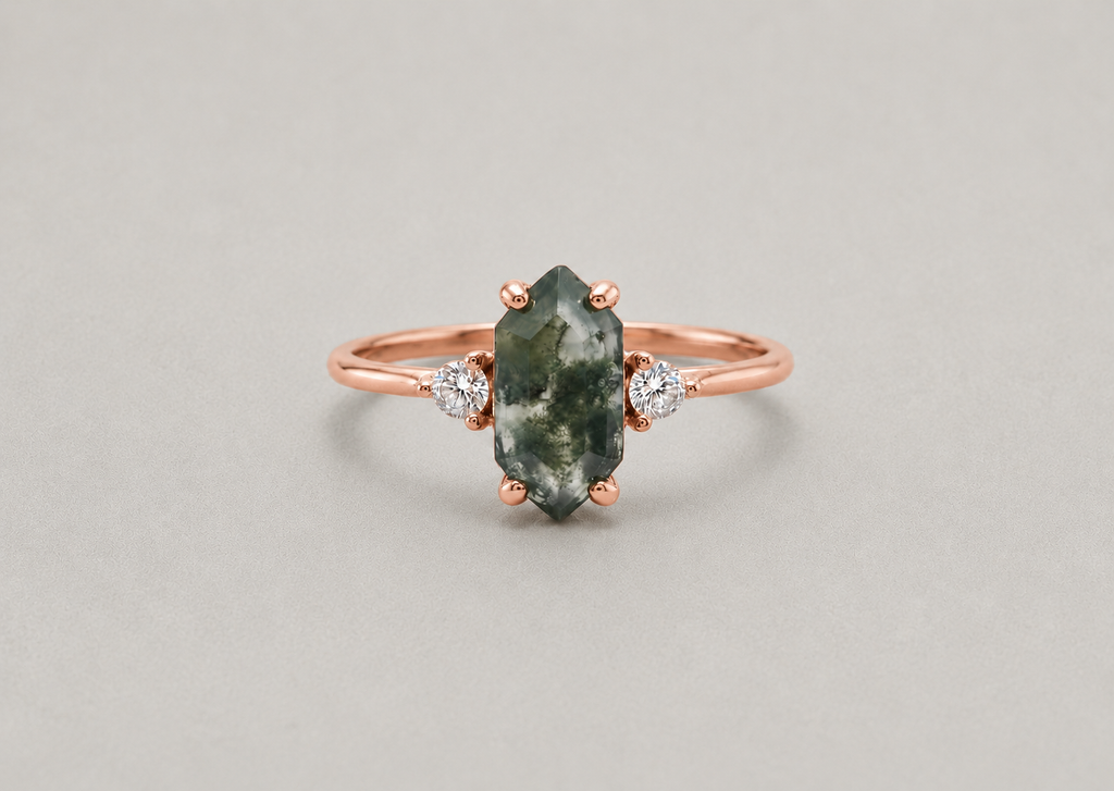 Hexagonal Moss Agate Rose Gold Ring