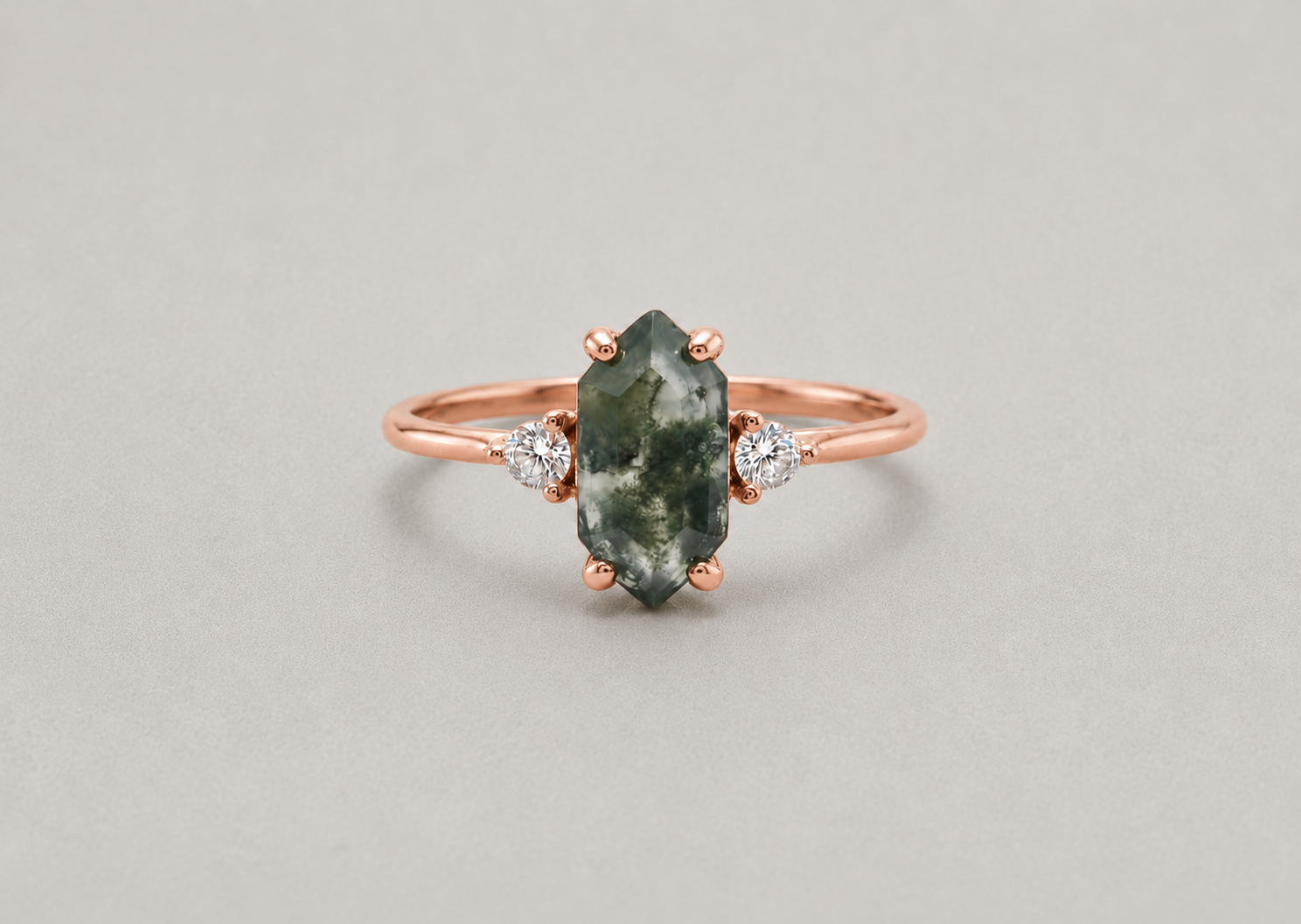 Hexagonal Moss Agate Rose Gold Ring